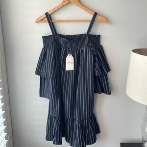 NWT English Factory Striped Off the Shoulder Navy Blue Dress